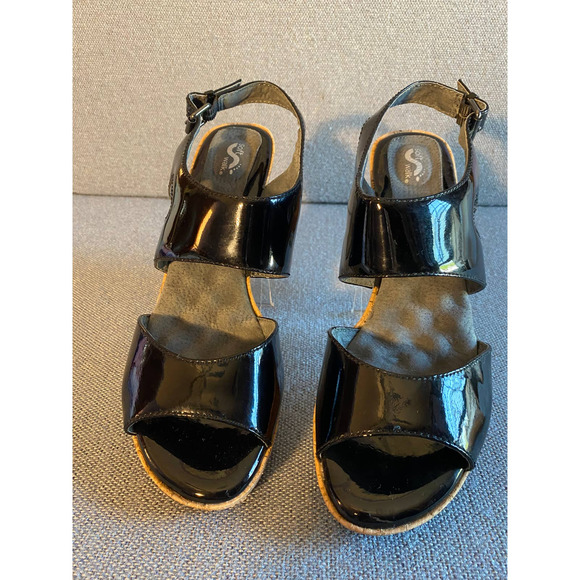 Soft Walk Woman’s patent leather sandal black Carson Size 8.5 cork heel open toe - Picture 2 of 16